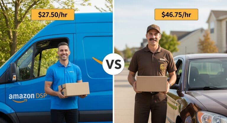 Amazon DSP vs UPS driver salary comparison chart 2026 — $27.50hr vs $46.75hr