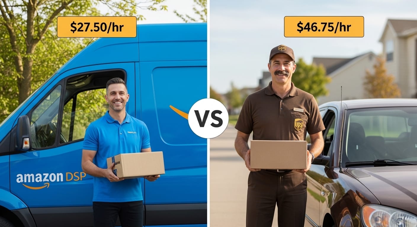Amazon DSP vs UPS driver salary comparison chart 2026 — $27.50hr vs $46.75hr