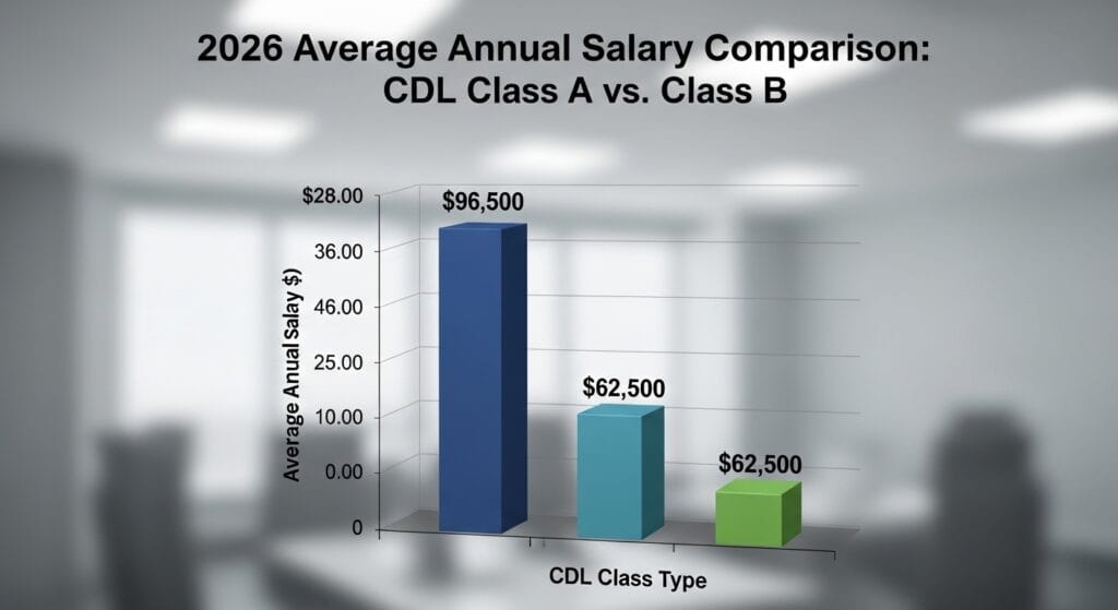 Bar chart comparing CDL Class A vs Class B average annual salary in 2026 showing $96500 vs $62500