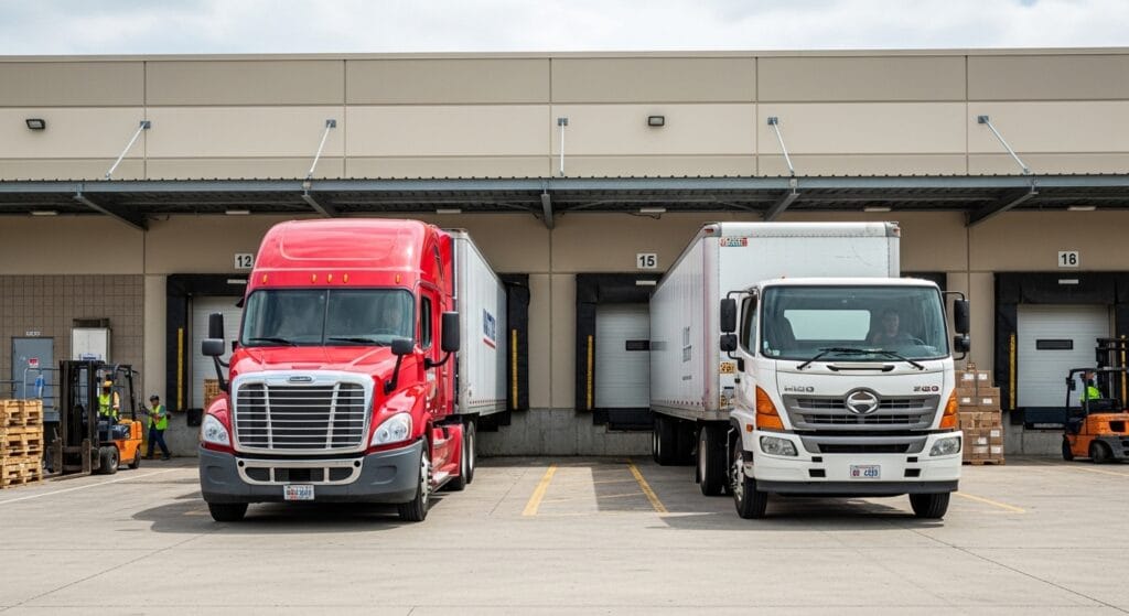 CDL Class A tractor-trailer parked at a loading dock next to a Class B straight truck at a local distribution center