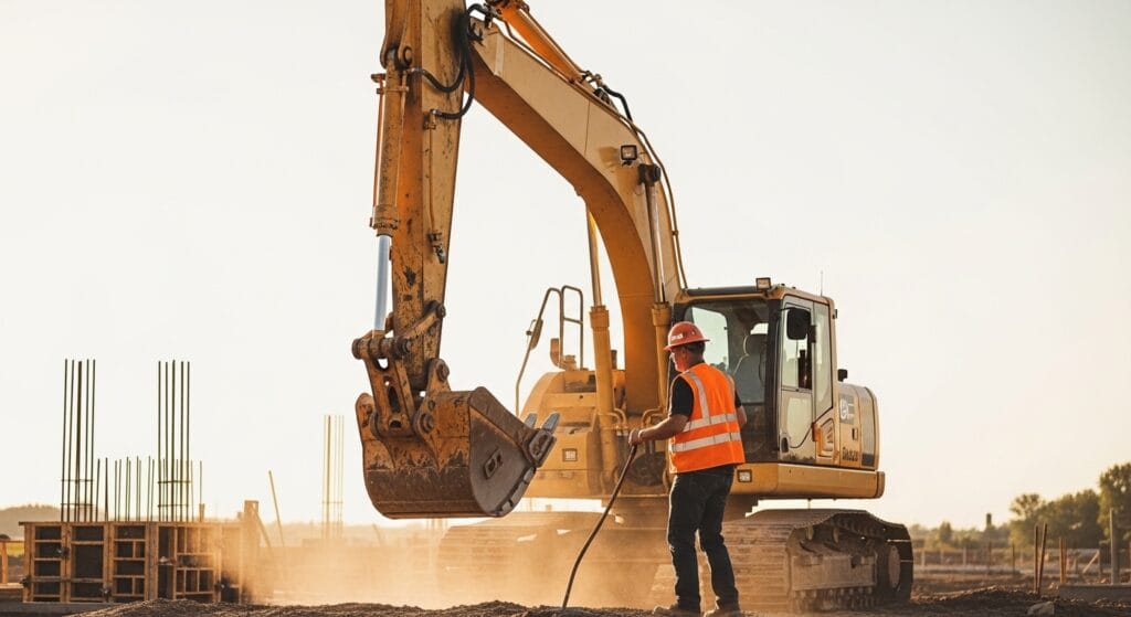 Construction worker operating excavator on active US job site in 2026