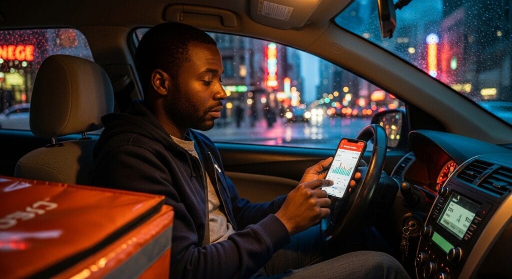 Dasher checking hourly earnings on smartphone after completing deliveries