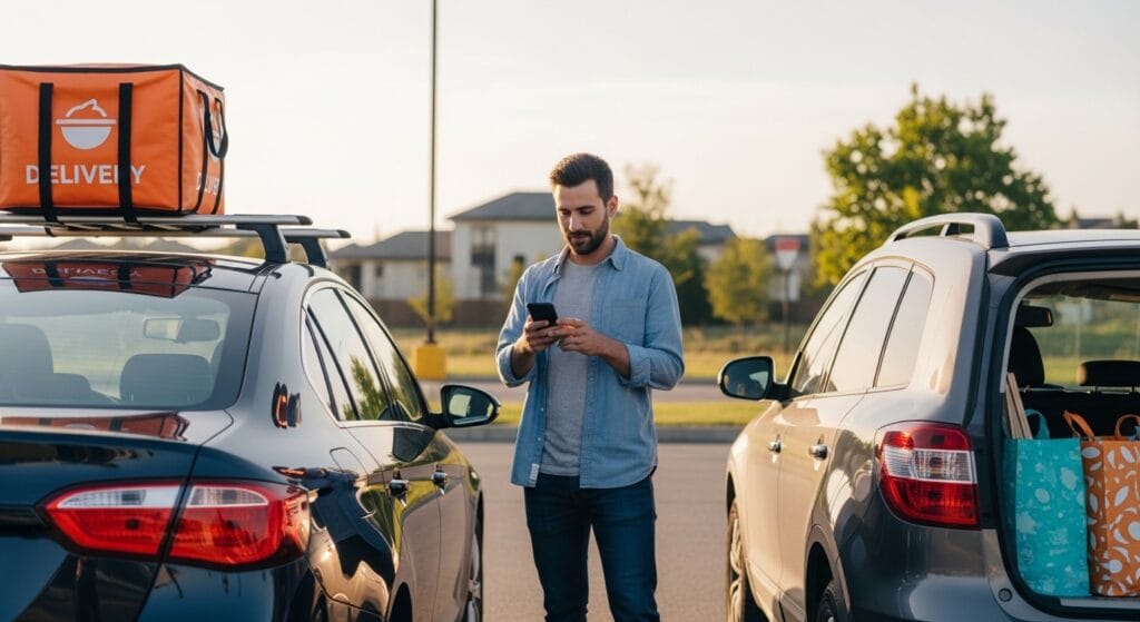 Gig worker comparing Instacart and food delivery app pay in parking lot