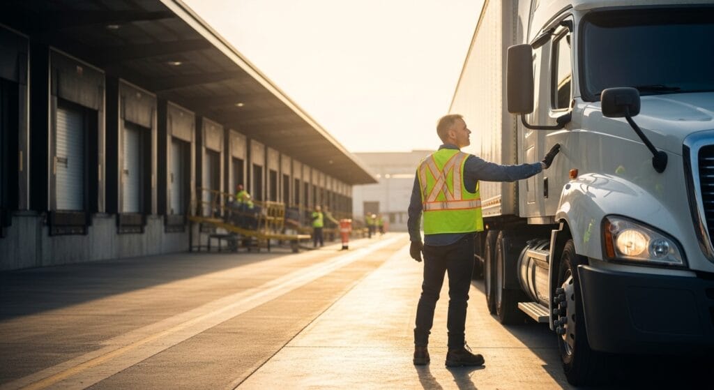 Local truck driver backing semi-trailer into urban loading dock during morning shift
