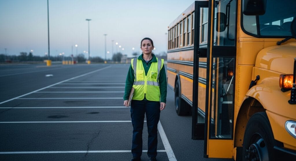 School bus driver in yellow safety vest standing beside bus at morning depot "Bus Driver vs USPS Mail"