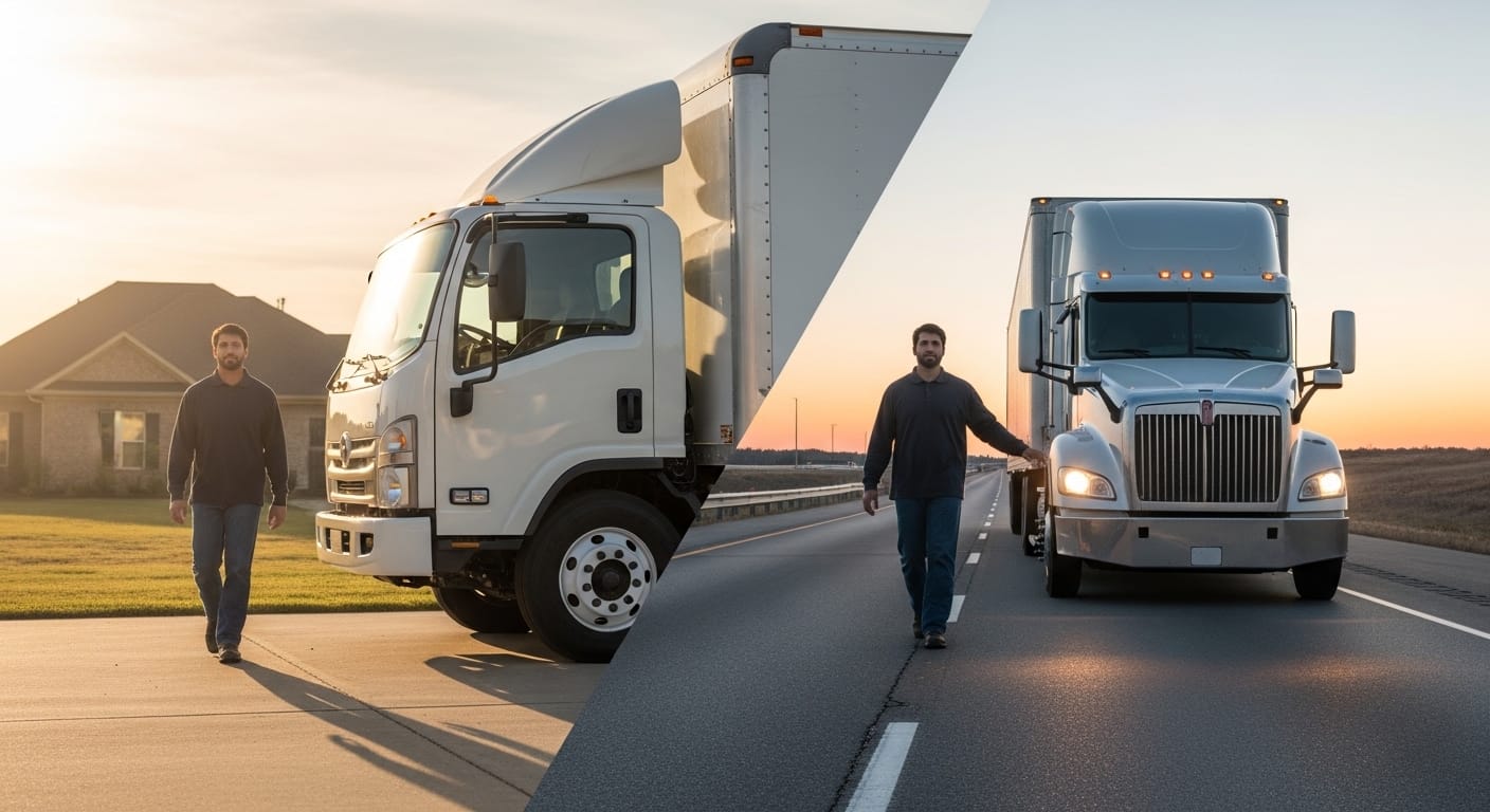 Truck driver choosing between local day-cab and OTR long-haul tractor-trailer