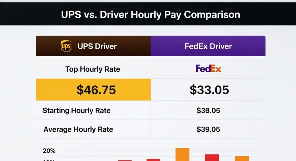 UPS vs FedEx driver hourly pay comparison table 2026 showing $46.75 vs $33.05 top rates