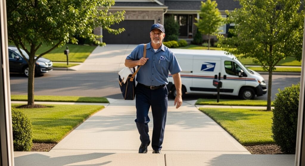 USPS mail carrier delivering packages on a suburban residential route in 2026 "Bus Driver vs USPS Mail"
