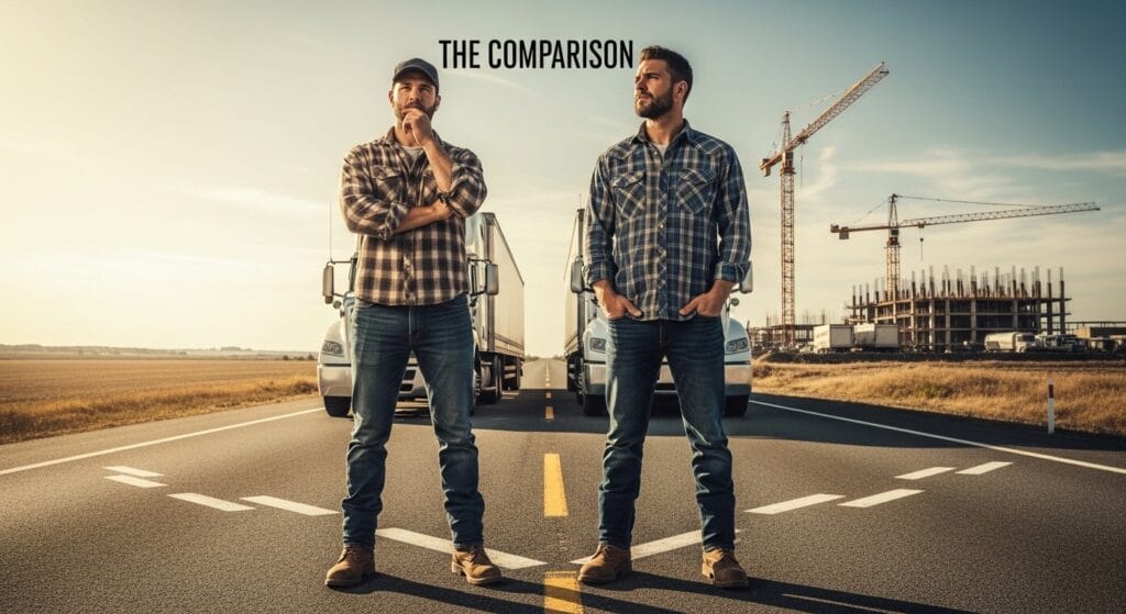 Worker choosing between truck driving and construction worker career in 2026 "Truck Driver vs Construction"